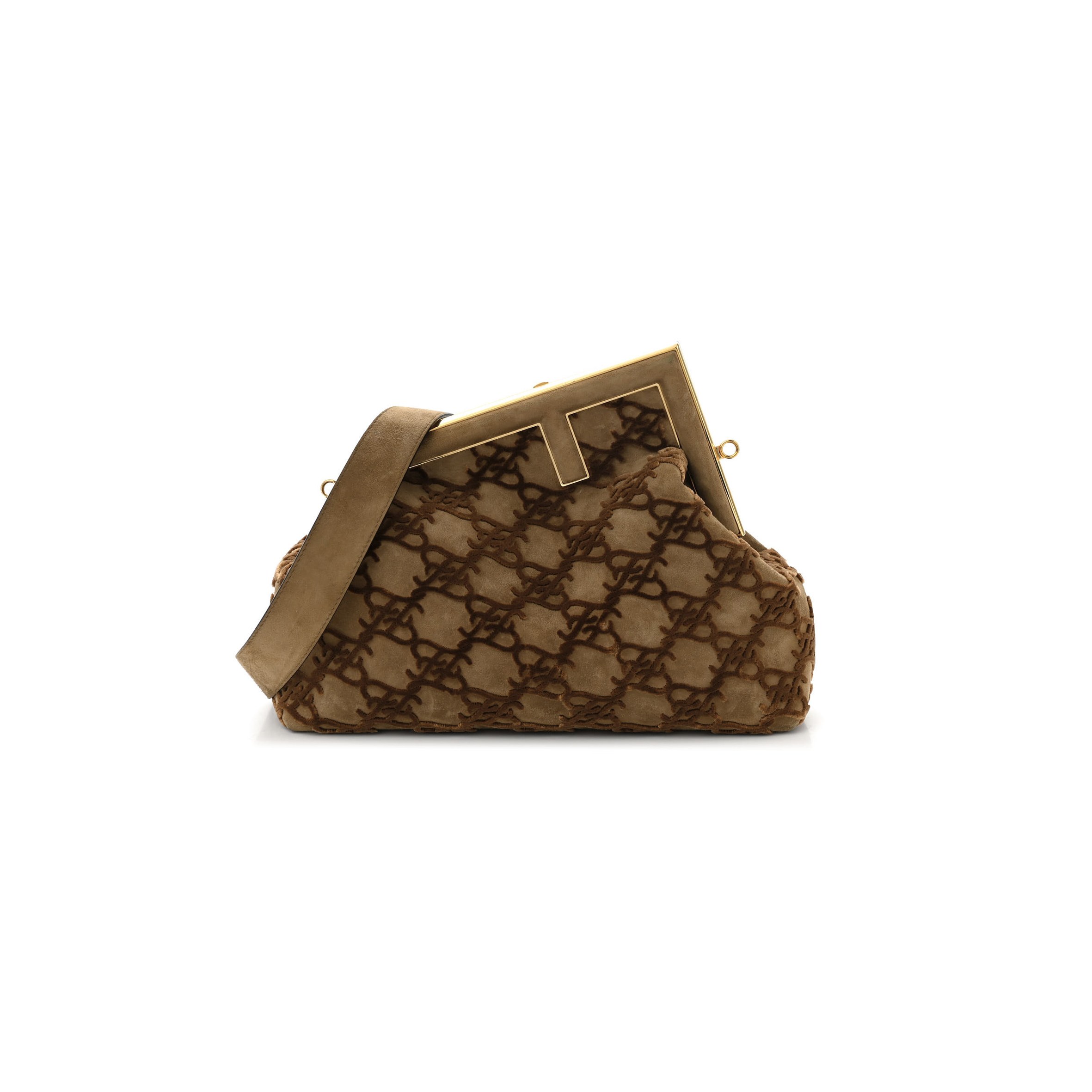 FENDI CAMOSCIO KARLIGRAPHY EMBROIDERED MEDIUM FIRST CAMEL (32.5*23.5*15cm)